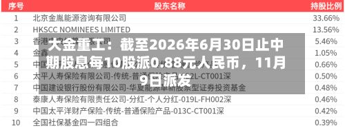大金重工：截至2026年6月30日止中期股息每10股派0.88元人民币，11月9日派发