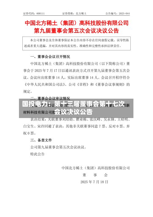 国投电力：第十三届董事会第十七次会议决议公告