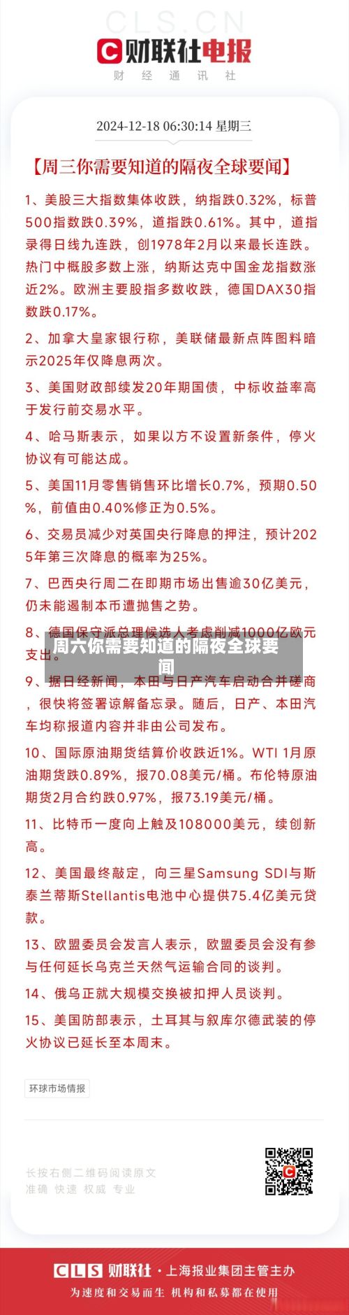 周六你需要知道的隔夜全球要闻