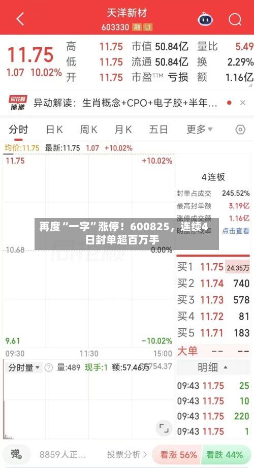 再度“一字”涨停！600825，连续4日封单超百万手-第2张图片