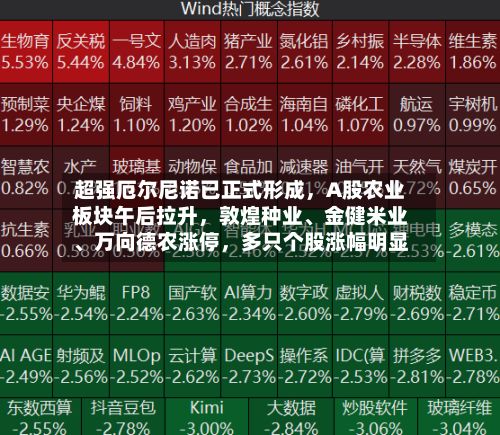 超强厄尔尼诺已正式形成，A股农业板块午后拉升，敦煌种业、金健米业、万向德农涨停，多只个股涨幅明显