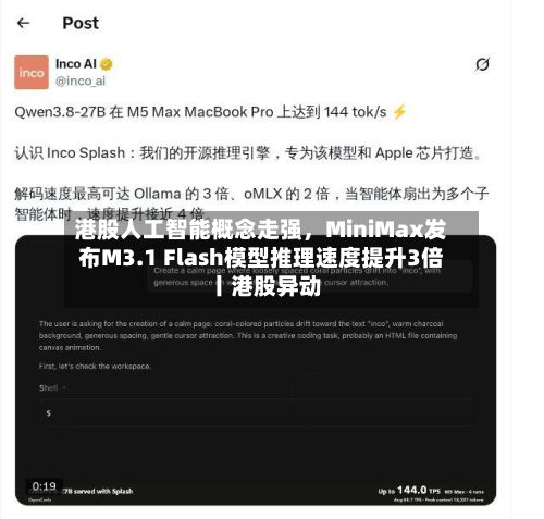 港股人工智能概念走强，MiniMax发布M3.1 Flash模型推理速度提升3倍丨港股异动-第2张图片