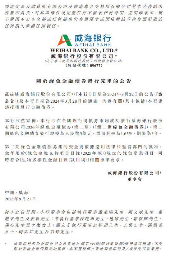 威海银行：完成发行5亿元绿色金融债券