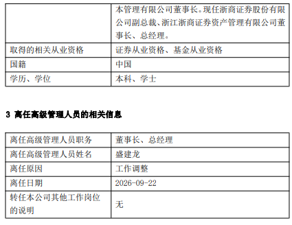浙商资管高管变更：盛建龙卸任 楼小平接任董事长	、总经理
