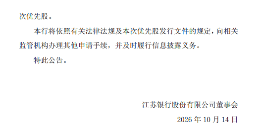 江苏银行:拟于11月30日全额赎回2亿股优先股