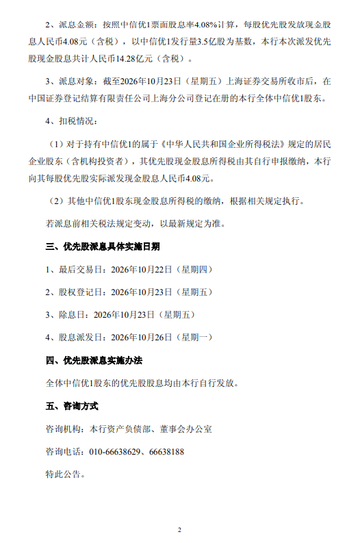 中信银行：拟于10月26日派发优先股股息	，每股发放4.08元